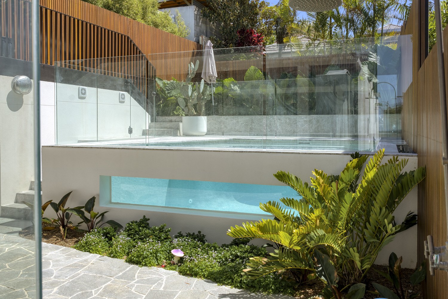 Frameless glass fence around a plunge pool below a timber-screened terrace at a Bronte residence